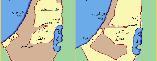 يمين- تمركز اليهود بفلسطين قبل حرب48/ يسار- اللّون البنّي يُمثّل ما احتلّه الكيان بعد الحرب 