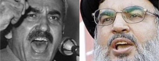 مؤسس الجبهة الشعبية بتحرير فلسطين الحكيم جورج حبش والأمين العام لحزب الله اللبناني الشهيد نصر الله 