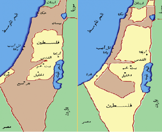 يمين- تمركز اليهود بفلسطين قبل حرب48/ يسار- اللّون البنّي يُمثّل ما احتلّه الكيان بعد الحرب 
