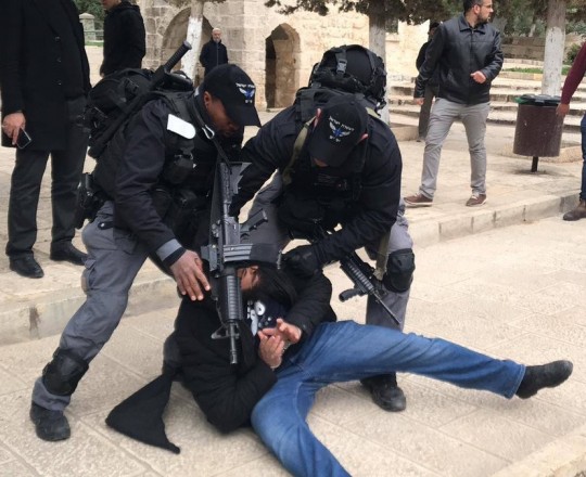 عناصر من شرطة الاحتلال تعتقل فلسطينيًا داخل المسجد الأقصى - صورة من الأرشيف